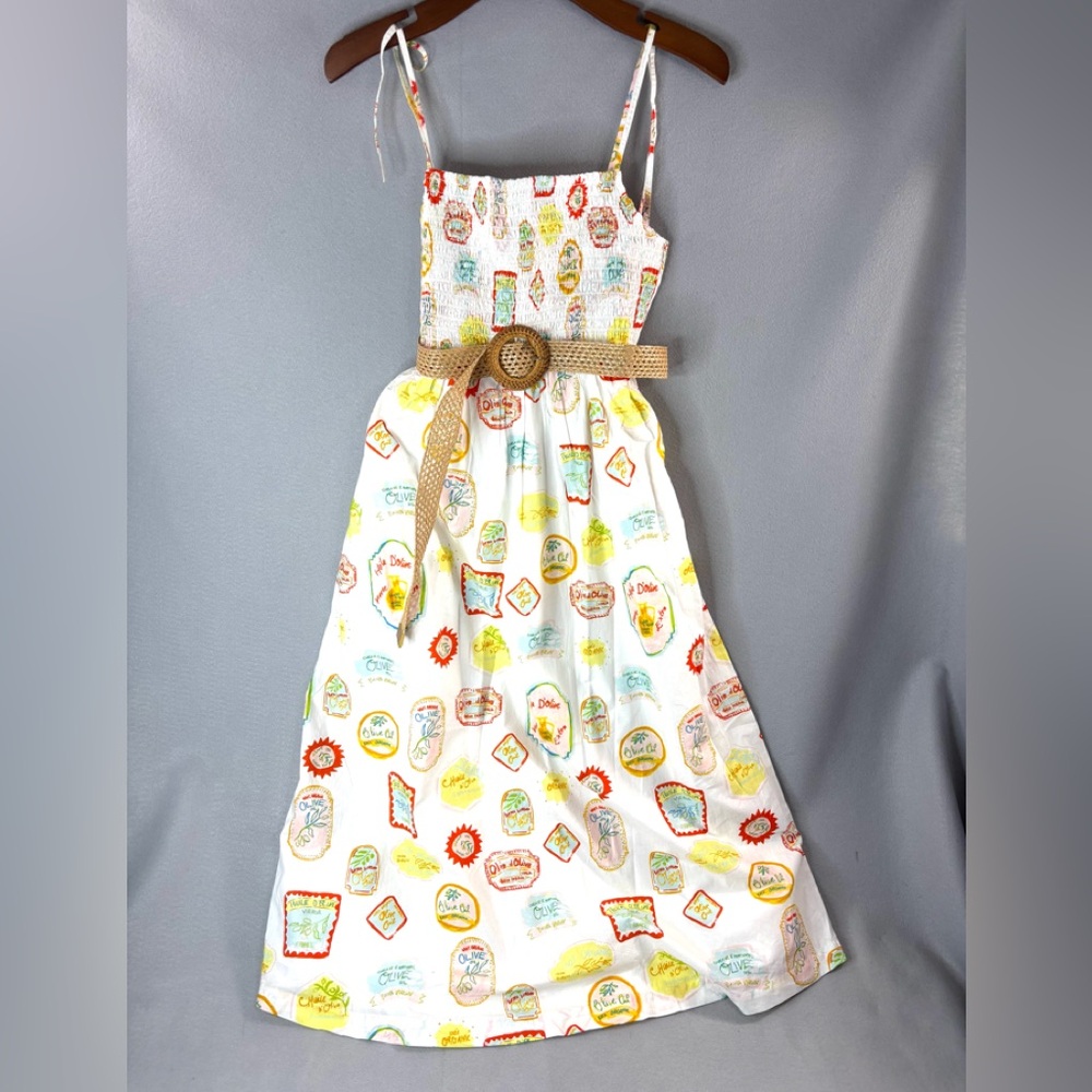 Cynthia Rowley XS Italian Garden Cafe Olive Oil White Smocked Maxi Dress w Belt